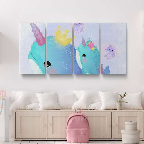 Velryby jednorožci - akvarel