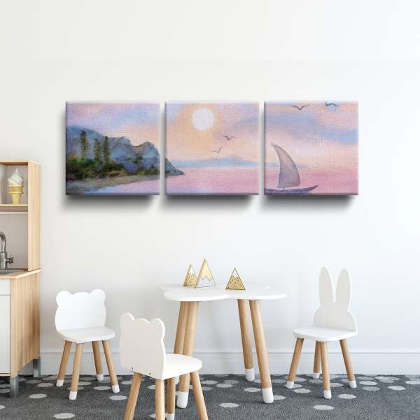 Plachetnice na moři při západu slunce - akvarel