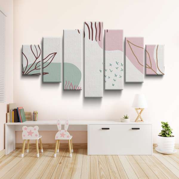 Pastelová ilustrace s listy, květinami a rostlinami