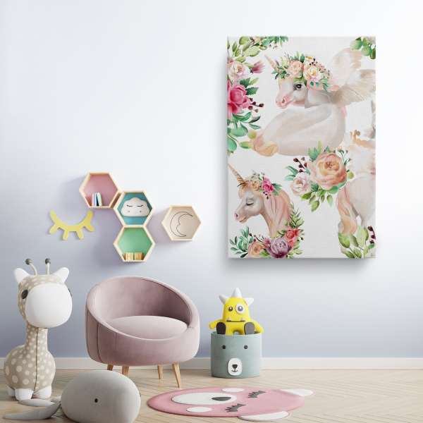 Jednorožci s květinami - akvarel