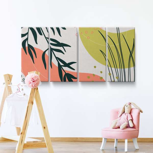 Ilustrace s listy, větvemi a rostlinami