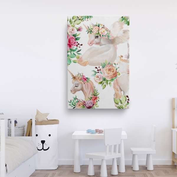 Jednorožci s květinami - akvarel